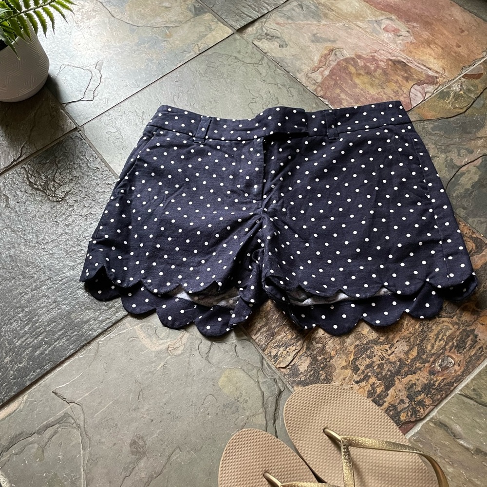 JCrew Factory Navy with White Polk-a-dot Scalloped Shorts, Size 0